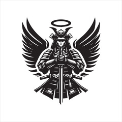 Obraz premium Winged Samurai Warrior with Halo Holding Katana in Black and White Graphic.