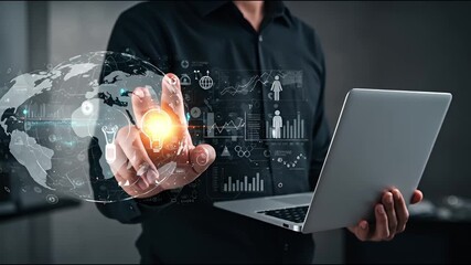 A professional using a laptop with digital data visualization. - Powered by Adobe