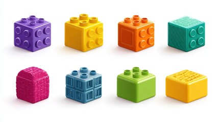 Fototapeta premium Set of eight colorful plastic building blocks, various textures and designs, ideal for creative play and construction