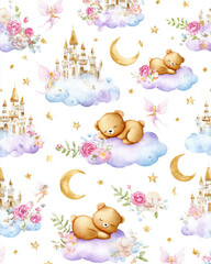 Fototapeta premium Bears castles and moons pattern