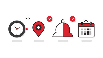 Icons of Productivity: Minimalist icons represent a clock, location marker, notification bell, and calendar, symbolizing the core elements of a structured daily schedule and seamless management.