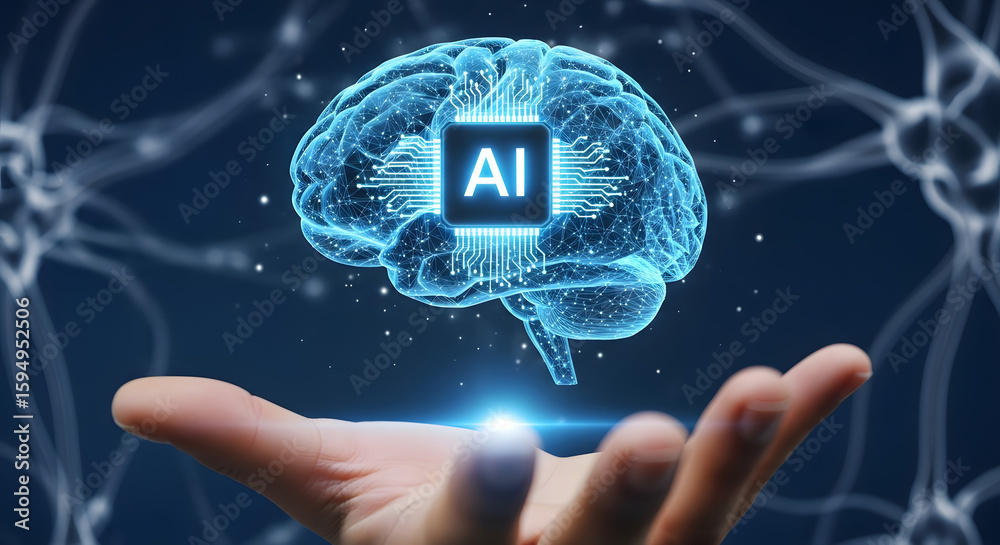 Poster hand holding a translucent brain with an ai chip, surrounded by neural network connections.