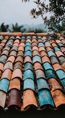 Unique blend of black, red, and green roof tiles with a small plant on construction backdrop, ideal for design and print applications in contemporary architecture