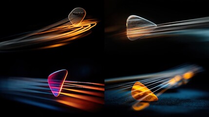 Four guitar picks in motion, with streaks of light