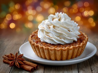 Pumpkin cheesecake with whipped cream and cinnamon sticks, cozy Thanksgiving dessert on plate, sweet autumn treat for festive holiday celebration with soft bokeh background.