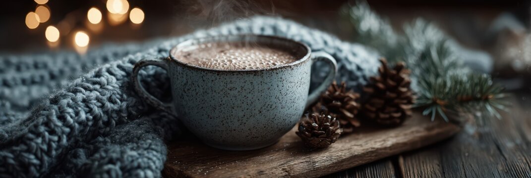 Cozy cup of hot chocolate with pine cones and soft blanket in a warm setting during winter evenings - Powered by Adobe