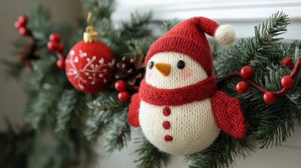 Obraz premium Felt Snowman Ornament on Christmas Garland – Cozy Holiday Decoration with Red Baubles and Pine Branches