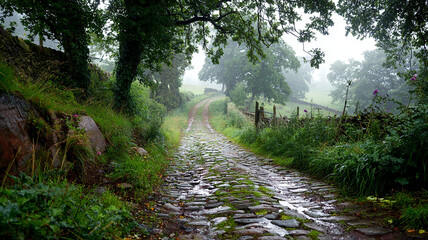 Obraz premium Rain Dappled Cobblestone Trail Leading Into Misty Rural Countryside - beautiful image, nature view, real look
