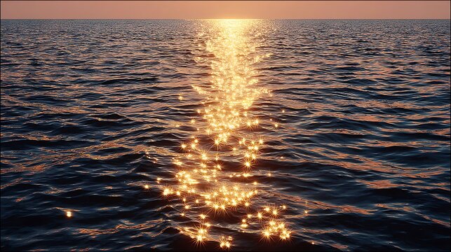 Sunlight glitters on the water's surface creating shimmering stars that reflect the tranquil scene's magic.