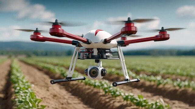 Aerial Marvel: A high-tech drone hovers gracefully above a lush green agricultural field, its propellers whirring as it surveys the meticulously planted rows below.