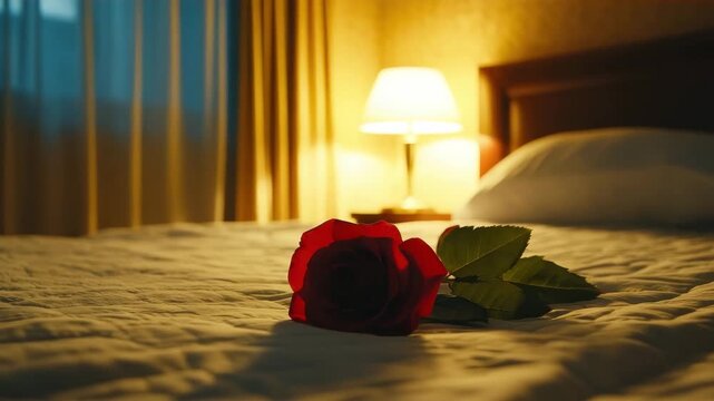 A single red rose with green leaves lies on a bed with white pillows and a headboard in a room with warm lighting