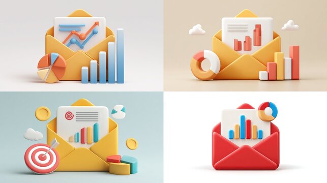 3D render of four colorful envelopes with charts and graphs, representing data analysis, business reports