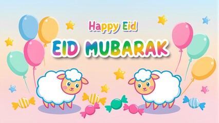 Fototapeta premium Happy Eid Mubarak Celebration with Cute Sheep and Balloons