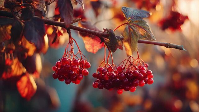 Clusters of red viburnum berries hang from a branch with autumn leaves in soft warm lighting a botanical close up