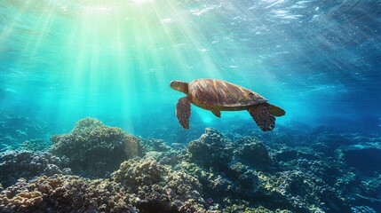 Obraz premium Hawaiian Green Sea Turtle Swimming in Clear Ocean with Coral Reef, Sunlight Filtering – Natural Underwater Scene for Marine Conservation & Travel
