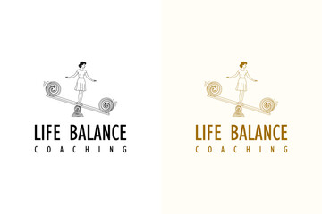 seesaw and a woman stands calmly in center illustration, vector logo for inner peace, stress reduction, life coach, lifestyle, harmony coaching, life balance coaching, and more