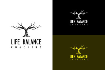 illustration of tree made with trunk that splits into balanced left and right, vector logo for life coach, harmony coaching, holistic, personal balance, life balance coaching, and more