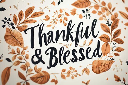 A Thanksgiving card with the message "Thankful & Blessed" surrounded by autumn leaves. - Powered by Adobe