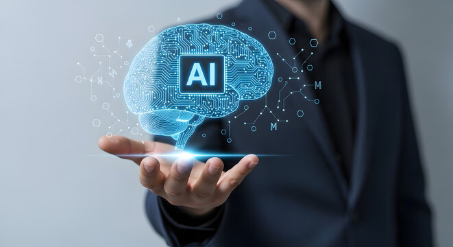 Man displays a holographic AI brain, symbolizing artificial intelligence integration and human intellect.