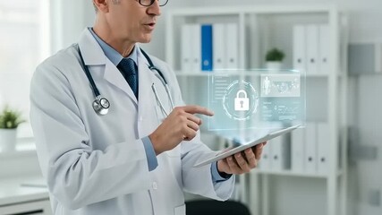 Doctor interacts with digital interface data security shown He is in a modern medical office environment - Powered by Adobe