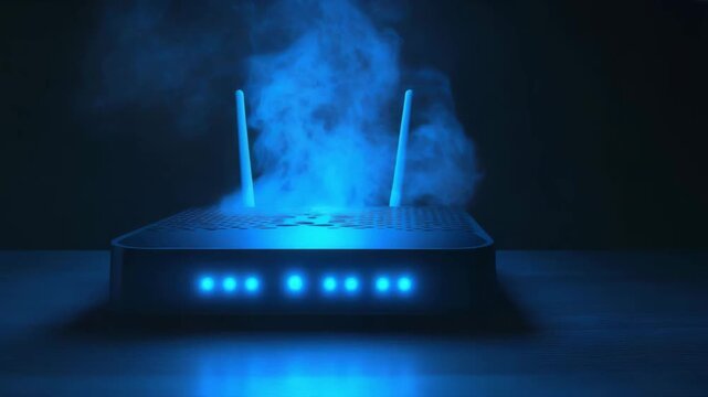 Illuminated wireless router with antennas and a row of glowing blue lights emitting blue smoke on a dark surface