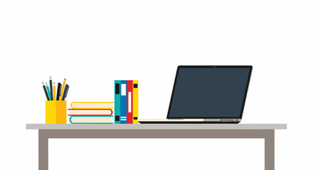 Flat lay of a workspace with laptop, books, and stationery on a table.