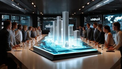 Modern Cityscape Design Discussion: A group of professionals gathers around a holographic display of a modern cityscape, engaging in a dynamic discussion about the architectural and urban planning.