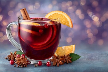Glass of mulled red wine with citrus, cozy Christmas drink with bokeh background, delicious holiday beverage for winter gatherings.