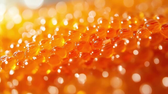 Close up view of vibrant orange salmon roe showcasing its texture and glistening surface