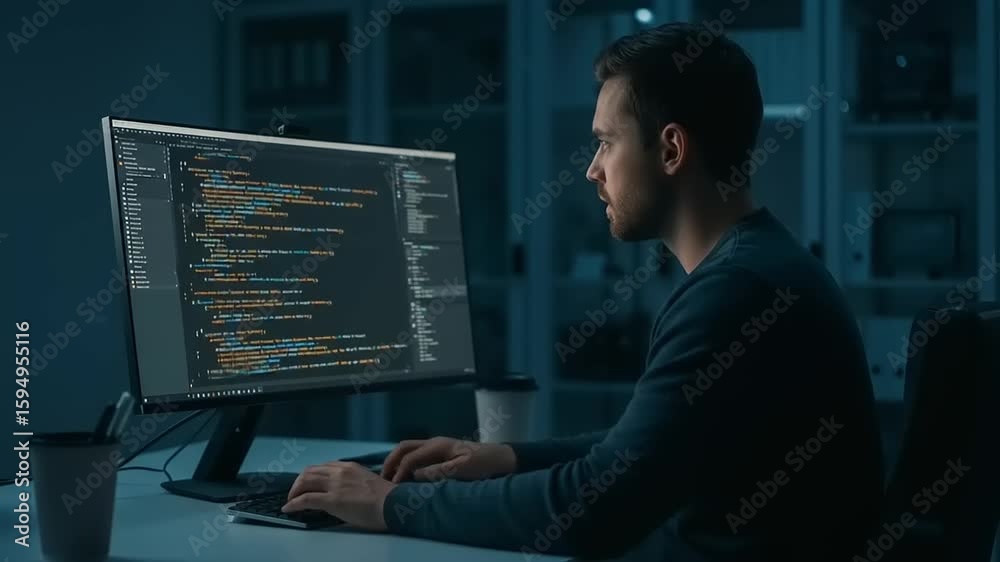 Wall mural focused man types code on a computer screen late at night working on software development