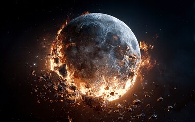 Obraz premium Stock photo of the planet Earth burning in space, broken into pieces and floating around the moon, with some debris flying around it. Black background. 