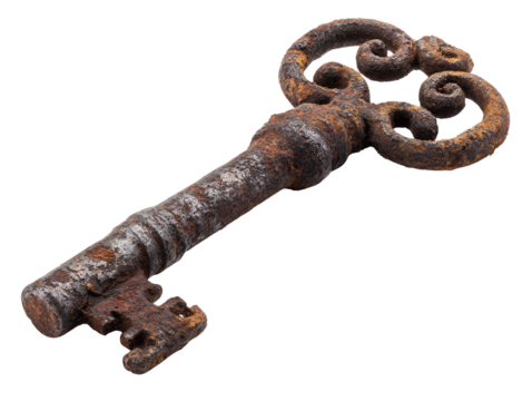 Rusty ancient iron key isolated on transparent background - Powered by Adobe