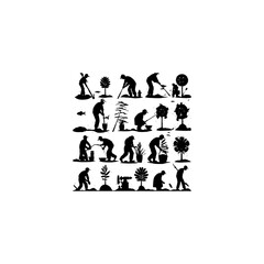 A set of silhouettes of people planting trees. A set of silhouettes of people gardening outdoors in different poses. 