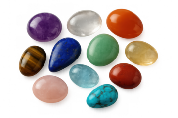 Polished gemstones including amethyst, quartz, lapis lazuli, sparkling with rich colors against translucent backdrop