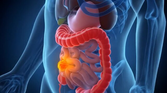 Human anatomy, digestive system, inflammation, 3D render, medical illustration