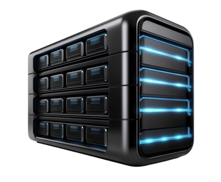Sleek black server tower with glowing blue lights showcases modern technology infrastructure on transparent background