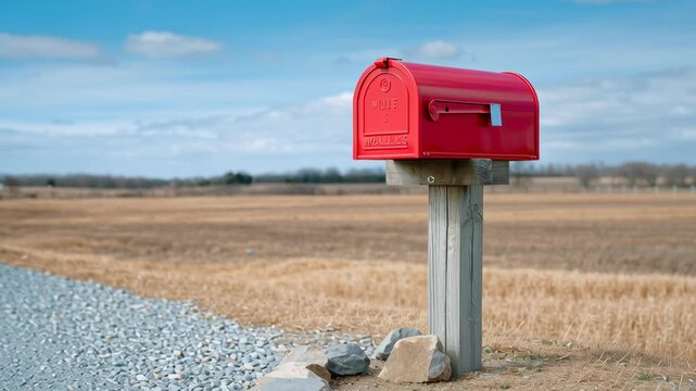 Everyday life in countryside, A bright red mailbox stands by a gravel road leading to a red barn in a rural countryside setting under a blue sky.