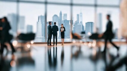 Business professionals overlooking urban landscape: A sophisticated group of professionals stands at a window, gazing at the city skyline and engaging in business dialogue. - Powered by Adobe
