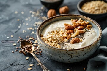 Keto friendly creamy Greek yogurt topped with nuts and seeds, rustic black theme background, close up moody food photography for ketogenic lifestyle breakfast bowl