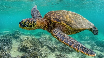 Obraz premium Hawaiian Green Sea Turtle Swimming in Clear Ocean with Coral Reef, Sunlight Filtering – Natural Underwater Scene for Marine Conservation & Travel