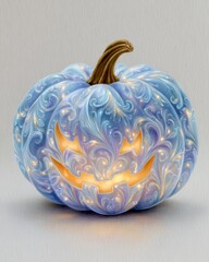 Glowing blue halloween pumpkin with eerie candlelight, creepy elegance, spooky jack-o-lantern for haunted autumn celebration.