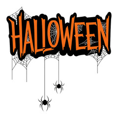 Halloween text with spider web corners and hanging black spiders orange dripping gothic lettering isolated on a transparent background