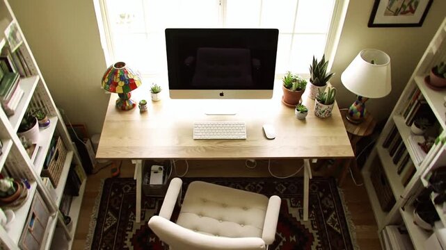 Home office setup with a desktop computer and creative decor