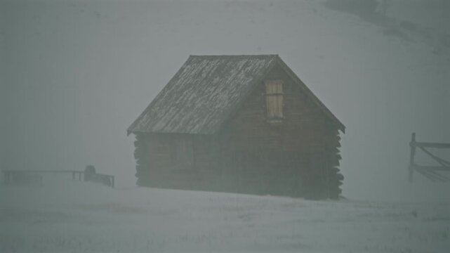 Old House in Blizzard on American Plain