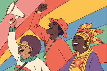 Three people celebrating with a megaphone and raised fists against a colorful striped background