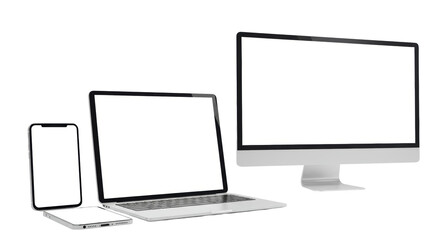 Fototapeta premium A slightly high-angle shot of modern electronic devices (smartphone, tablet, ultrabook laptop, desktop monitor) with blank white screens, on a transparent studio background with soft diffused studio