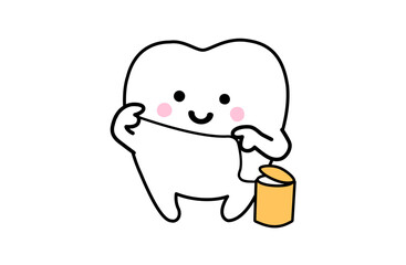 Cute Tooth Character Using Dental Floss for Oral Care