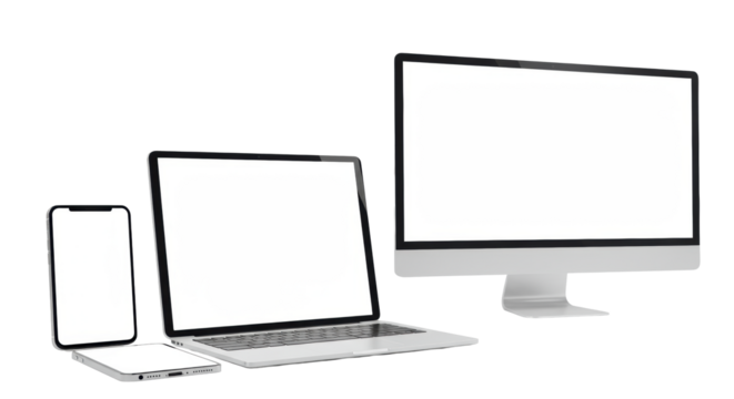 A slightly high-angle shot of modern electronic devices (smartphone, tablet, ultrabook laptop, desktop monitor) with blank white screens, on a transparent studio background with soft diffused studio