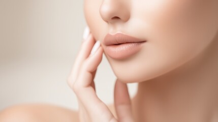 Fototapeta premium Close-up of woman's lips and lower face with flawless skin and nude lipstick