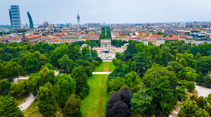 Aerial view of Arco della Pace in Milan, Italy